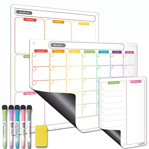 Product Cover Dry Erase Calendar Set of 3 Magnetic Calendar for Refrigerator. Horizontal Monthly Calendar/Vertical Weekly Planner/to-do List & Grocery Notepads. Thickened Magnet. with Markers & Eraser