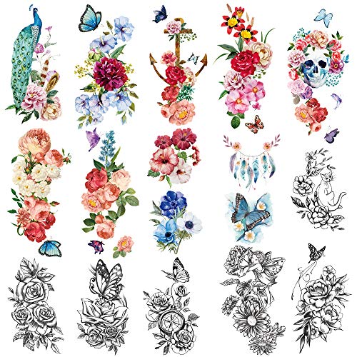 Product Cover Yazhiji 15 sheets large Sexy waterproof Temporary Tattoos for Men Women Flowers Collection (19X9 CM)