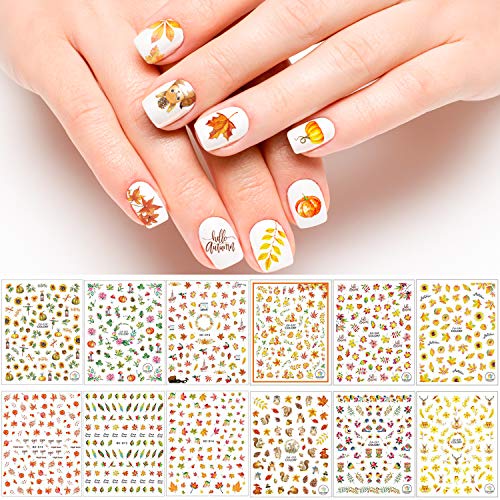 Product Cover Adoreu 1000+ Patterns Autumn Nail Art Decals Fall 3D Nail Self-Adhesive Stickers Harvest Pumpkin Maple Leaves Sunflower Squirrel for Women Girls Kids DIY Nail Design Manicure Thanksgiving Day