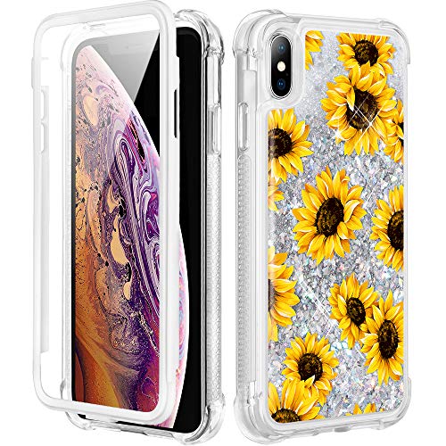 Product Cover Caka iPhone X Case, iPhone Xs Glitter Full Body Case Built in Screen Protector Bumper Cushion Protective Bling Floating Luxury Girly Sparkle Floral Liquid Case for iPhone X Xs (Sunflower)