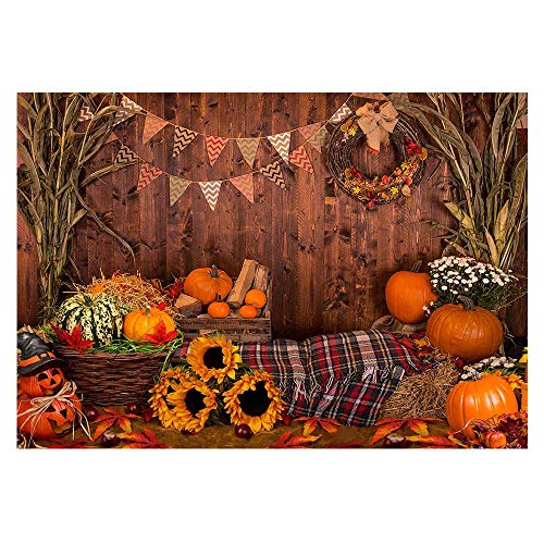 Product Cover Funnytree 7x5ft Fall Thanksgiving Photography Backdrop Rustic Wooden Floor Barn Harvest Background Autumn Pumpkins Maple Leaves Sunflower Baby Portrait Party Decoration Photo Studio Booth Props