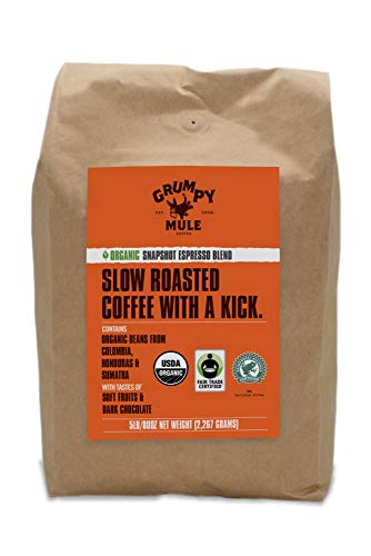 Product Cover Grumpy Mule Organic Snapshot Espresso Whole Bean Coffee - 5 pounds/80 oz. (2267 grams). Fair Trade and Rainforest Alliance Certified from Sumatra, Colombia and Honduras.