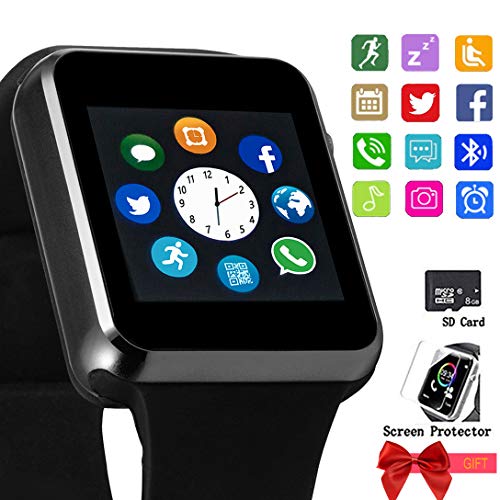 Product Cover Smartwatch, Bluetooth Smart Watch Touch Screen Unlocked Mini Phone with Card Slot Make Call and Message Sleep Tracker with Pedometer Camera Music Play Compatible with Android iOS Phone Men Women
