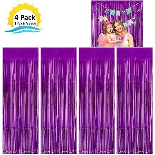 Product Cover Moohome 4 Pack 3ft x 8ft Purple Foil Fringe Curtains Backdrop Door Window Curtain Party Decoration (4-Pack, Purple)