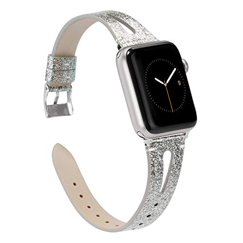 Product Cover Wearlizer Silver Leather Band Compatible with Apple Watch Straps 38mm 40mm for iWatch Womens Triangle Hole Bling Wristband Glitter Replacement Bracelet (Silver Buckle) Series 5 4 3 2 1 Sport