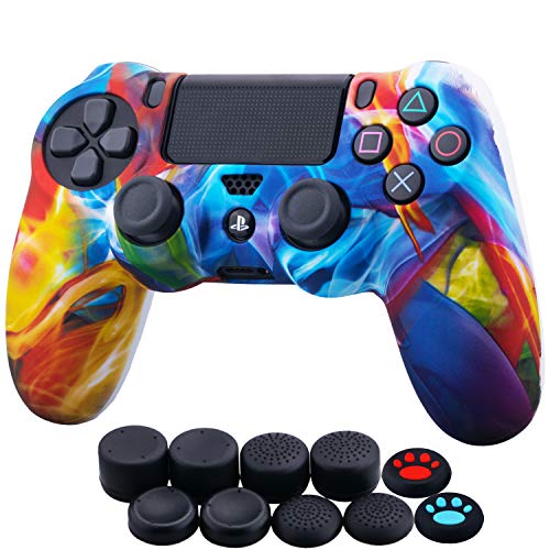 Product Cover YoRHa Water Transfer Printing Camouflage Silicone Cover Skin Case for Sony PS4/slim/Pro Dualshock 4 Controller x 1(Colourful Stream) with Thumb Grips x 10
