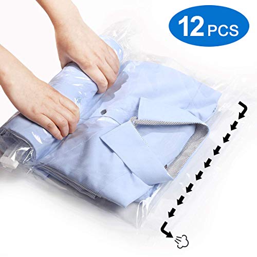 Product Cover VacPack 12 Travel Compression Bags - No Vacuum or Pump Needed - Roll-Up Space Saver Storage Bags for Travel - Save Space in Your Luggage Accessories - Set of 6 L and 6 M Sacks