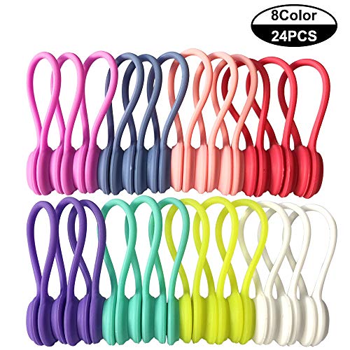 Product Cover Reusable Twist Ties with Strong Magnet for Bundling and Organizing Cables,Headphone Cables,USB Charging Cords,Hanging & Holding Keychain,Silicone Cord Winder Magnetic Cable Clips (8 Colors - 24 Pack)