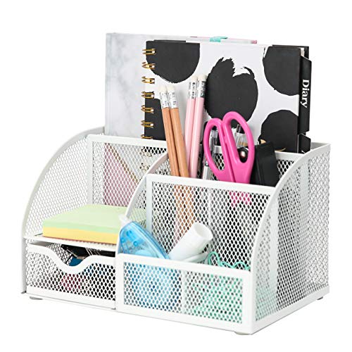 Product Cover Exerz Mesh Desk Organizer Office with 6 Compartments + Drawer/Desk Tidy Candy/Pen Holder/Multifunctional Organizer Color White (EX348-WHT)
