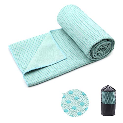 Product Cover Yoga Towel,Hot Yoga Mat Towel with Corner Pockets Design - Sweat Absorbent Non-Slip for Hot Yoga,Bikram and Pilates (Solid-Teal)
