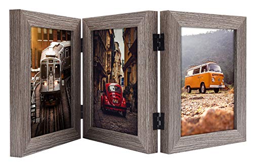 Product Cover Frametory, 5x7 Inch Hinged Picture Frame with Glass Front - Made to Display Three 5x7 Inch Pictures, Stands Vertically on Desktop or Table Top (5x7-3, Grey)