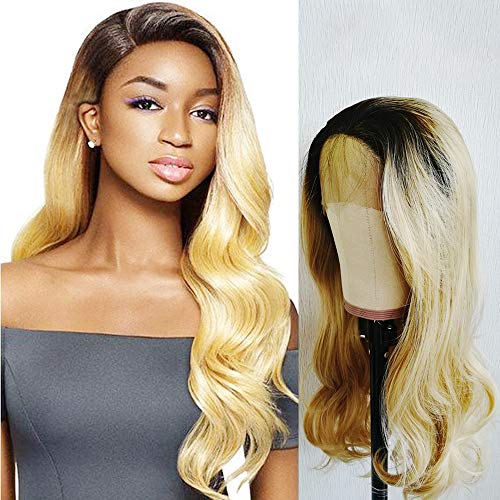 Product Cover Candice Hair Wave Lace Front Wigs Black 1B Color Roots Ombre Blonde Color synthetic wig with Baby Hair Natural Hairline Heat Resistant Fiber Wigs Swiss Natural Wig Wedding Hair For Women 24 Inch 6830T