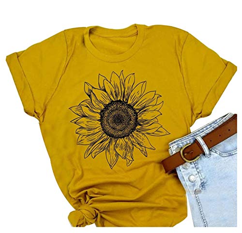 Product Cover Women Short Sleeve Sunflower T-Shirt Cute Funny Graphic Tee Teen Girls Casual Shirt Tops (M, Yellow)