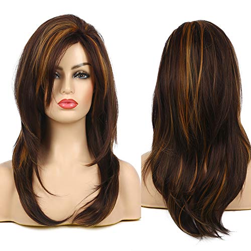 Product Cover Kaneles Long Layered Shoulder Length Synthetic Hair Fiber Highlight Mix Brown Wig for women