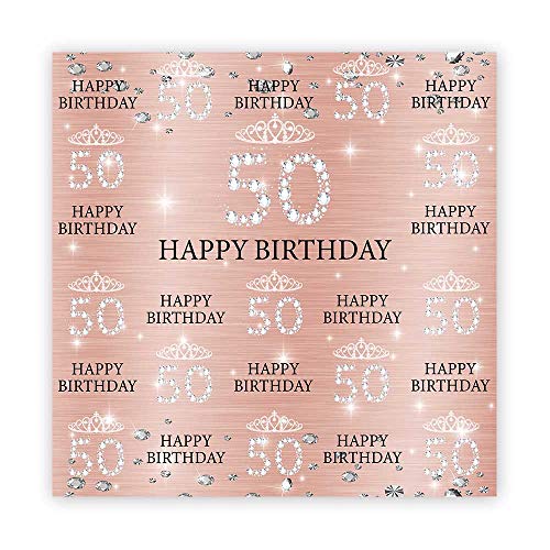 Product Cover Funnytree 6x6ft Rose Gold Pink 50th Birthday Photography Backdrop Crown Women Step and Repeat Diamonds Glitter Shiny Background Fifty Years Old Age Elegant Lady Party Decoration Banner Photo Booth