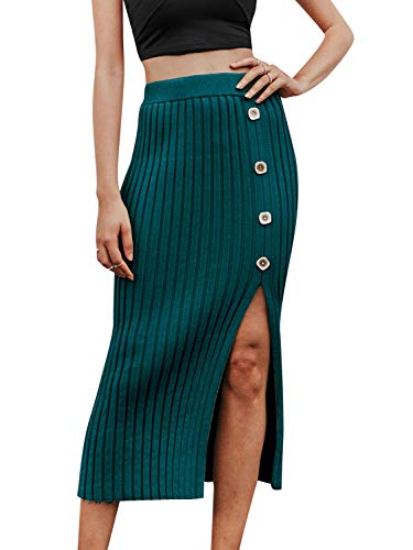 Product Cover Miessial Women's Knit Split Midi Skirt Stretch Bodycon Office Long Pencil Skirt with Button Green 4/6