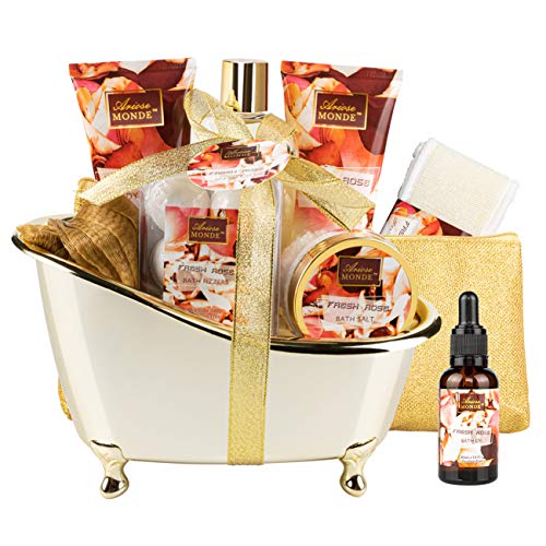 Product Cover Bath and Body Gift Set for Women & Men, Spa Gift Basket with Fresh Rose Scent, Includes Shower Gel, Bubble Bath, Body Lotion and Scrub, Bath Salt, Bath Bombs, Bath Puff, Bath Oil, and More 10 Pcs