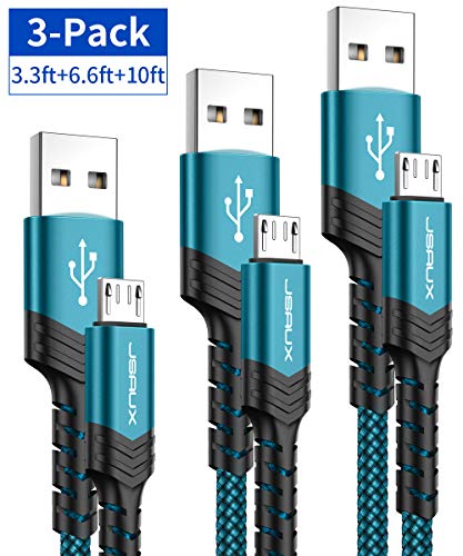 Product Cover Micro USB Charger Cable, JSAUX (3-Pack 3.3ft+6.6ft+10ft) Android Charger Micro USB to USB A Nylon Braided Cord Compatible with Samsung Galaxy S6 S7 Edge Note 5, Kindle and More-Green