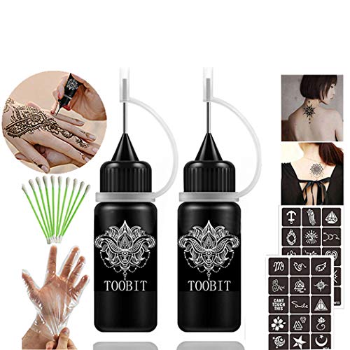 Product Cover TOOBIT Temporary Tattoo Kit- Jagua Tattoo Gel 2 Bottles Black （1 oz）Semi Permanent Tattoo Natural and Lasting,Free 30 Tattoos Stencils 10 Cotton Swabs & 1 Pair of Disposable Gloves