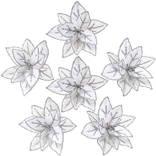 Product Cover Sea Team 12-Pack Artificial Glitter Poinsettia Christmas Flower Ornaments Tree Decorations, 6.5-inch, Silver