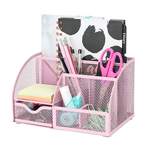 Product Cover Exerz Mesh Desk Organizer Office with 6 Compartments + Drawer/Desk Tidy Candy/Pen Holder/Multifunctional Organizer Color Light Pink (EX348-LPK)