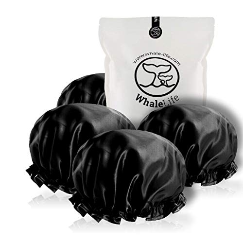 Product Cover Shower Cap for Women Reusable Black Shower Caps (4 Pack) Satin Double Layer Extra Waterproof Hair Cap