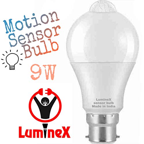 Product Cover Luminex B22 Motion Activated Dusk to Dawn Security Outdoor/Indoor Light Bulb for Front Door Porch Garage Basement Hallway Closet (9W , White)