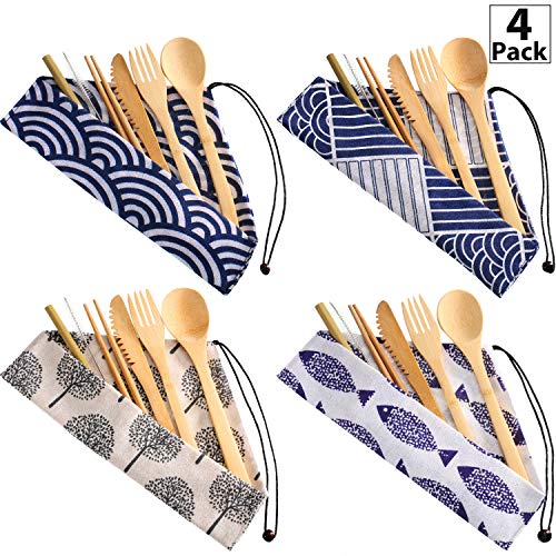 Product Cover 4 Sets Bamboo Travel Utensils Set, Reusable Bamboo Utensil Fork Knife Spoon Chopsticks Straw Cleaning Brush for Travel Picnic Office School (Pattern 2)