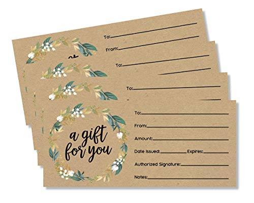Product Cover 50 4x9 Kraft Gift Certificate Cards Vouchers for Holiday, Christmas, Birthday Holder, Small Business, Restaurant, Spa Beauty Makeup Hair Salon, Wedding Bridal, Baby Shower Cash Money