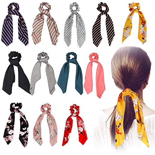 Product Cover Silk Satin Hair Scrunchies Scarf, 12 Pcs Ribbon Bow Scrunchies, Soft Scarf Hair Ties Bowknot Ponytail Holder for Women Girls, Including 4 Solid Colors & 4 Stripe Styles & 4 Flower Pattern