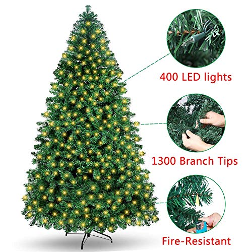 Product Cover OurWarm 7FT Pre-Lit PVC Artificial Christmas Tree Xmas Pine Tree Holiday Decorations with w/400 UL-Certified LED Lights, 1300 Branch Tips, Foldable Metal Stand, Green
