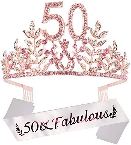 Product Cover 50th Birthday Party Decorations Supplies, 50th Birthday Gifts, 50th Birthday Tiara and Sash, 50th Happy Birthday, 50 & Fabulous Pink Satin Sash, Happy 50th Birthday Party Supply, It's my 50th Birthday