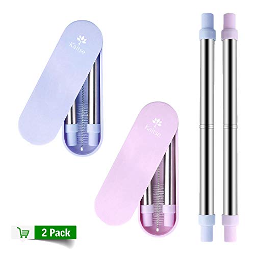 Product Cover Reusable Straws Telescopic Metal Travel Straws, Kaitse Stainless Steel Drinking Straws, Portable Collapsible Straw with Case and Cleaning Brush, 2 Pack (Pink-Blue)