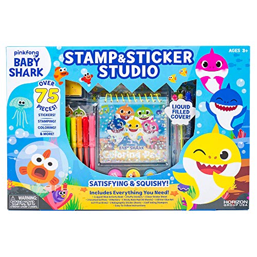 Product Cover Baby Shark 99351 Stamp & Sticker by Horizon Group USA Includes Colored Markers, Sticker Sheets, Puffy Stickers, Self-Ink Stampers, Liquid Filled Activity Book Glitter Glue & More, Multi