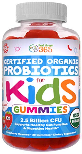 Product Cover USDA Organic Kids 2.5 Billion CFU Probiotic Pectin Gummies (30 Day) by Feel Great 365| Clinically Proven Probiotic B. Subtilis DE111 |Supports Gut, Regularity & Immune Health* | Strawberry Flavor