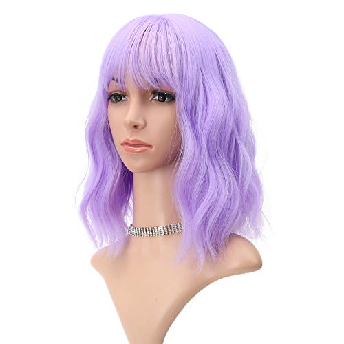 Product Cover Wavy Wig 12 Inch Short Bob Wigs With Air Bangs Shoulder Length Women's Short Wig Curly Wavy Synthetic Halloween Cosplay Wig for Girl Costume Wigs Purple color