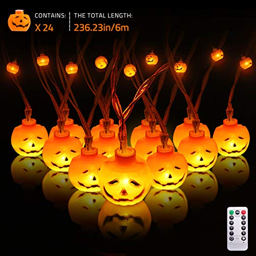 Product Cover Pumpkin String Lights, Waterproof Pumpkin Lights with 24 LED Fairy Lights, 8 Modes Battery Operated & Remote Timer 3D Jack o Lantern String Lights for Halloween Decorations Outdoor & Indoor - 20FT