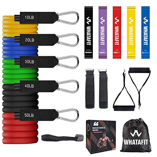Product Cover Whatafit Resistance Bands Set (16pcs), Exercise Bands with Door Anchor, Handles,Waterproof Carry Bag, Legs Ankle Straps for Resistance Training, Physical Therapy, Home Workouts (Set3)