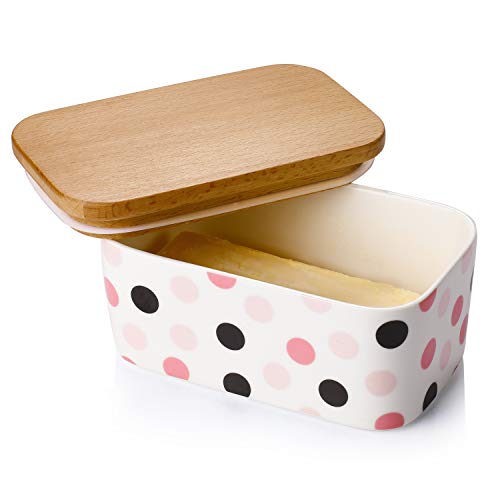 Product Cover Sweese 303.246 Butter Dish - Butter Keeper with Airtight Beech Wooden Lid, Holds Up to 2 Sticks of Butter - Porcelain Butter Container, Wave Point