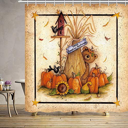 Product Cover JAWO Retro Thanksgiving Day Shower Curtain for Bathroom, Autumn Pumpkin Sunflower Bear Vintage Profession Polyester Fabric Bath Accessories Curtains Decor with 12PCS Hooks 69X70 Inches