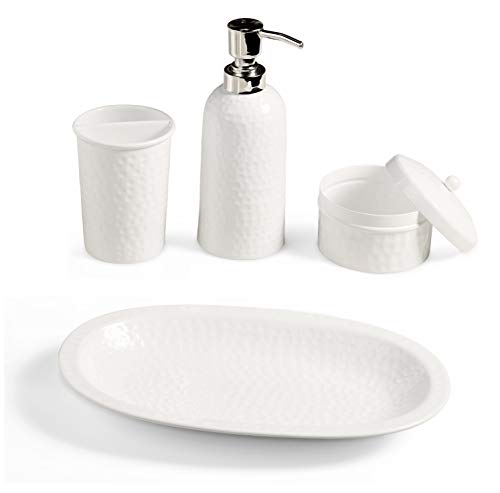 Product Cover Monarch Abode Classic White Monarch Hand Hammered Metal 4-Piece Bathroom Collection Featuring Soap Dispenser, Vanity Tray, Toothbrush Holder, and Cotton Jar