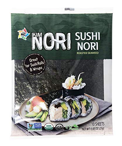 Product Cover Organic 10 Full Sheet KIMNORI Sushi Nori Premium Roasted Seaweed Rolls Wraps Snack 0.88 OZ ( 25g ) Laver, USDA ORGANIC, Gluten Free, No MSG, NON-GMO, Vegan, Kosher (10 Sheet)