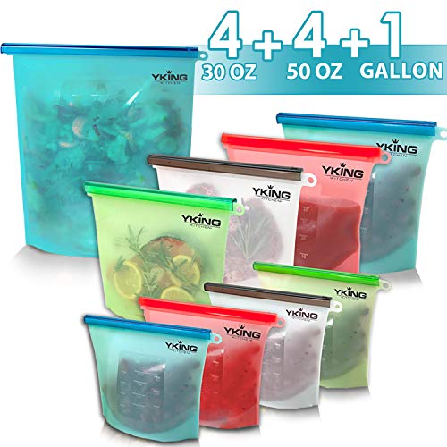 Product Cover 9 Pack Reusable Silicone Food Storage Bag 1 x Gallon size + 4 (50 OZ) + 4(30 OZ)- Freezer Bags - Sous Vide - Microwave - Dishwasher Safe - Leak Proof - Ziplock Large Freezer Bags