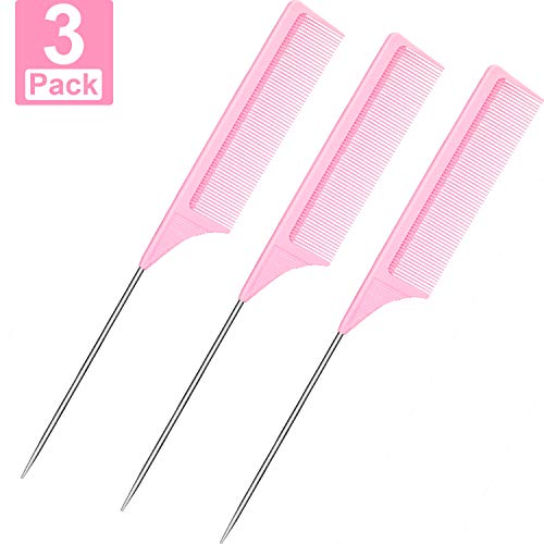 Product Cover 3 Packs Pink Rat Tail Comb Fiber Teasing Combs Rat Tail Lifting Combs Styling Combs, Carbon Fiber and Stainless Steel Pintail for Hair Salon or Home Supplies (3 Packs)