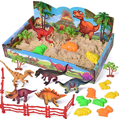 Product Cover FUN LITTLE TOYS 29 PCs Play Sand Dinosaur Toys, Sand Box with Dinsoaur Figures, Dinosaur Molds, Magic Sand and Accessories
