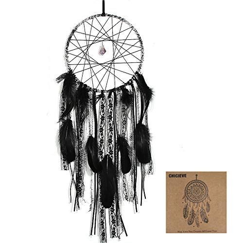 Product Cover CHICIEVE Handmade Black Dream Catchers,Small Dream Catchers with Lace Tassels and Amethyst Stone for Bedroom Wall Hanging Home Decor Ornament Craft Gift 7.9