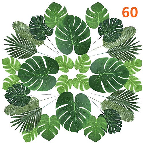 Product Cover CADNLY Tropical Palm Leaves Decorations - 60 pcs 6 Kinds Fake Leaves for Luau Jungle Theme Party Supplies Safari Decorations Artificial Tropical Leaves for Dinosaur Hawaiian Party Table Decoration