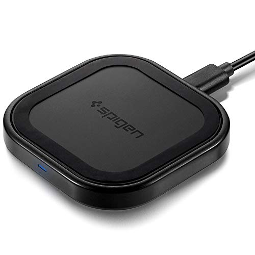 Product Cover Spigen SteadiBoost Compact Mini Fast Wireless Charger Qi Certified 10W Pad Works with Galaxy S20/S20+/Ultra/Z Flip, S10,Note 10/S9/Plus/iPhone 11/11 Pro/Max//XR/XS/X/& Other Qi (No AC Adapter)