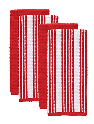 Product Cover T-fal Textiles Solid & Stripes Waffle Terry Kitchen Towel Set, 100% Cotton, Highly Absorbent, Anti-Microbial, Oversized Kitchen Towels, Two Solid and Two Striped, 16