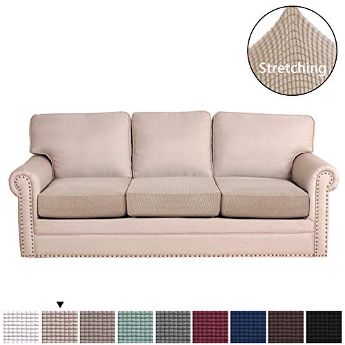 Product Cover H.VERSAILTEX Super Stretch Stylish Cushions Covers/Furniture Cover Spandex Jacquard Small Checked Pattern Super Soft Slipcover Washable Individual (3-Piece Sofa Cushion Large Size, Sand)